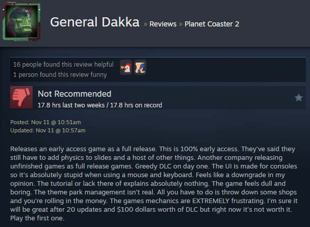 Screenshot showing Steam user reviews of Planet Coaster 2.